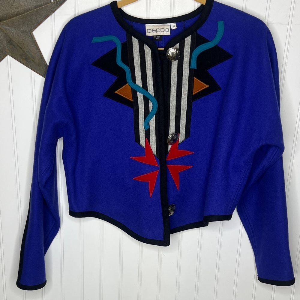 Beppa Wool Vibrant Blue Crop Jacket with Geometric Accents Medium